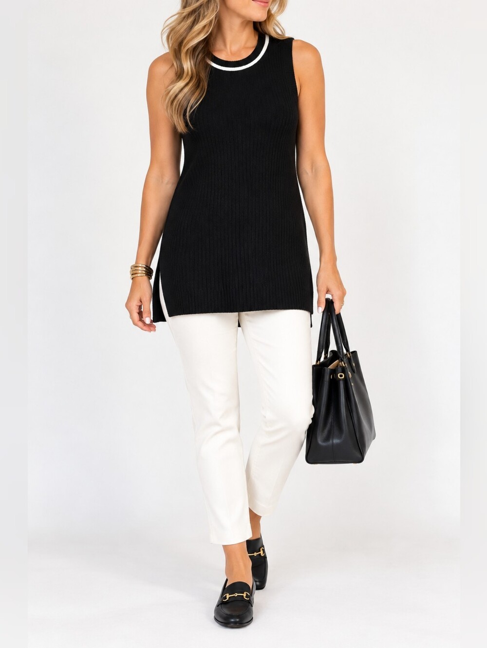 Athleta Black Sleeveless Knit Tunic Sweater Top White Trim Side Slits Size S
